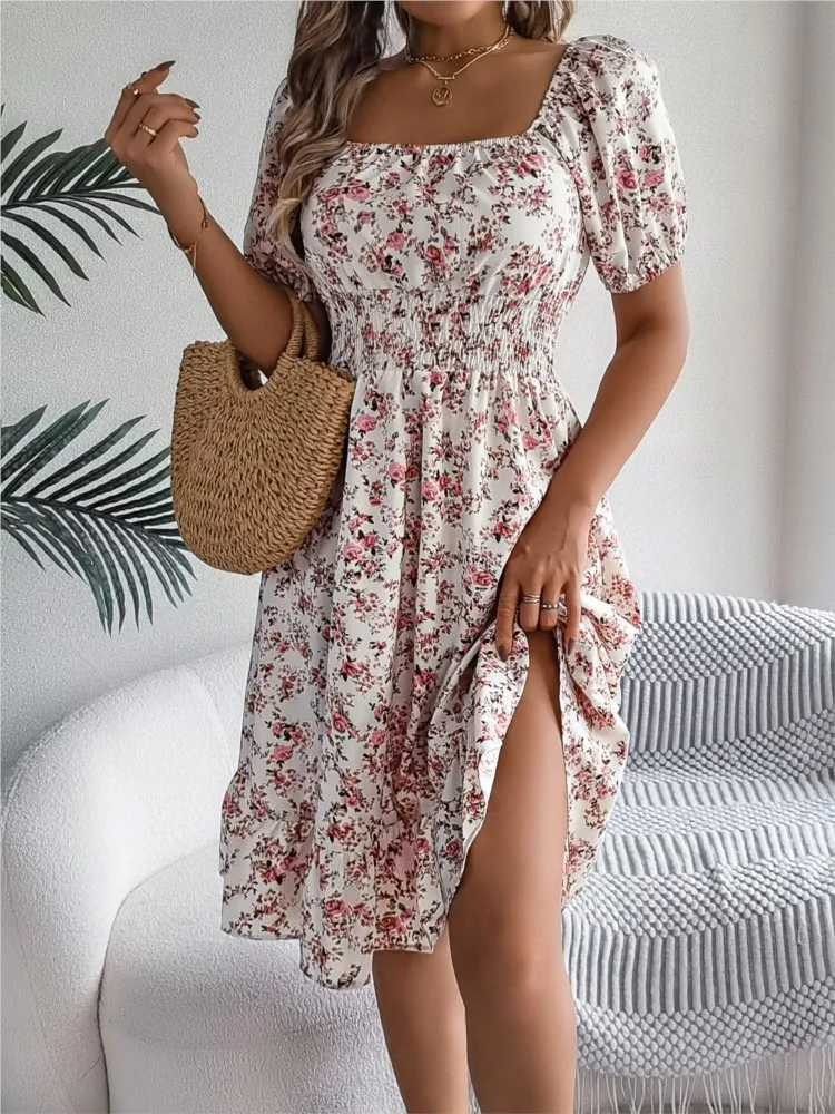 

Fashion Floral Print Dress Female Casual Square Collar Lantern Sleeve Loose Dresses Women Elegant Beach Holiday Womens Clothing