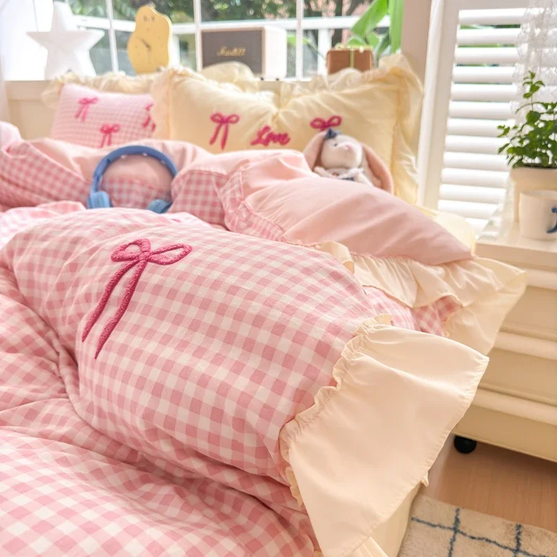 Classic Plaid Duvet Cover, Soft Lace Bedding Set, Bow Design Skin-friendly Quilt Cover, 2 Pillowcases with Different Patterns