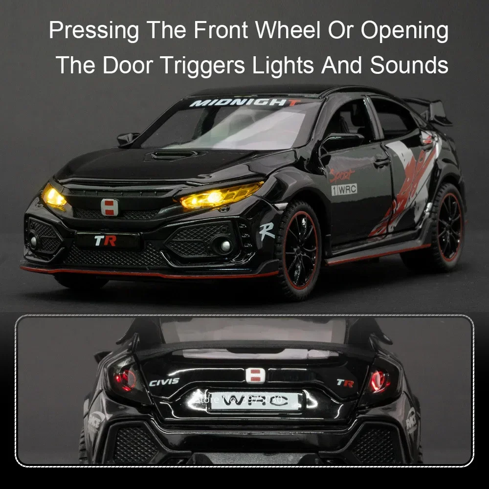 โมเดลรถของเล่นฮอนด้า ซีวิค ไทป์-อาร์ สปอร์ต ทำจากโลหะผสม 1/32 พร้อมไฟ เสียงเพลง ล้อหมุน ดึงหลังวิ่งได้ ของเล่นสะสมสำหรับเด็กผู้ชาย