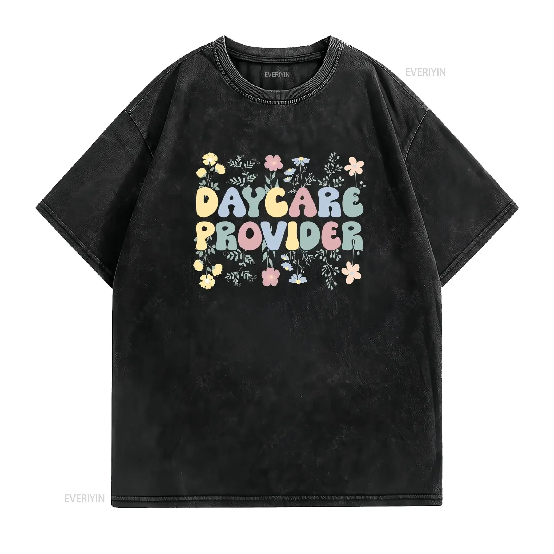 Retro Pastel Floral Daycare Provider Print Casual T Shirt vintage Washed streetwear Slightly Breathable graphic Stylish