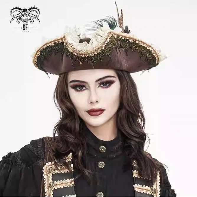 Halloween Gothic Retro Lace Peacock Feather Triangle Pirate Hat