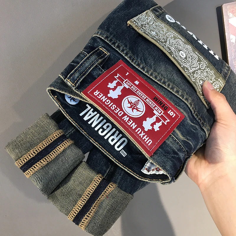 

Trendy Vintage Men's Denim Jeans - American Casual Washed Retro High-End Printed Distressed Regular Straight-Leg Pants