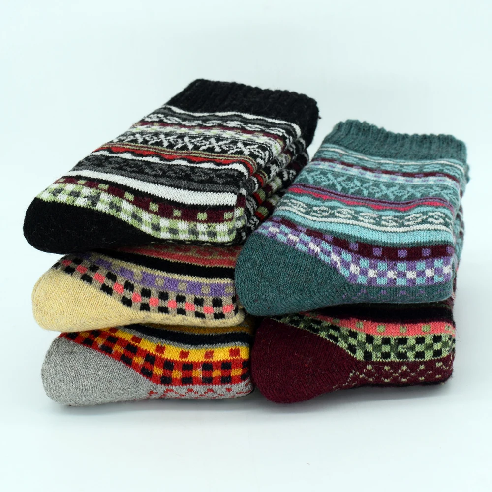 5 Pairs Winter Women Socks Classical Striped Super Thick Cozy Warm Thermal Snow Against Fashion National Harajuku Wool Socks