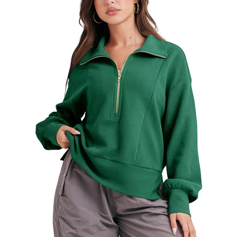 Long Sleeve Sweatshirt for Women, Pullover with Turndown Collar, Half Zip Jacket, Autumn and Winter