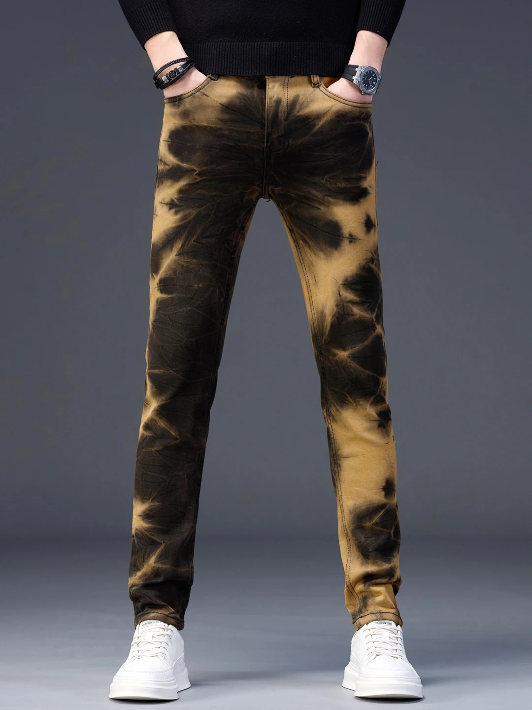 

High-End Men's Vintage adient Dyed Skinny Jeans Mid-Waist Cotton Stretch Denim Wear Resistant Faion Autumn Winter Trousers