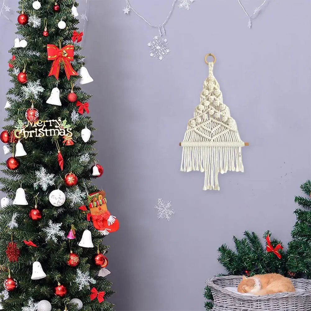 Holiday Decoration Curtain Accessory Bohemian Style Wall Hanging Tapestry with Christmas Tree Pendant Braided Hollow for Dorm