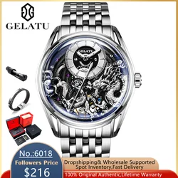 GELATU Dragon Watch for Men Silver Stainless Steel Automatic Mechanical Wristwatch Luxury Top Brand Chronograph Waterproof Watch