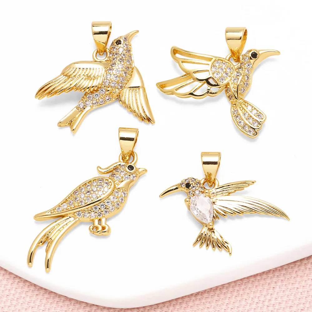 OCESRIO White Crystal Hummingbird Pendant For Necklace Copper Gold Plated Cuckoo Wholesale Jewelry Making Component Pdta863