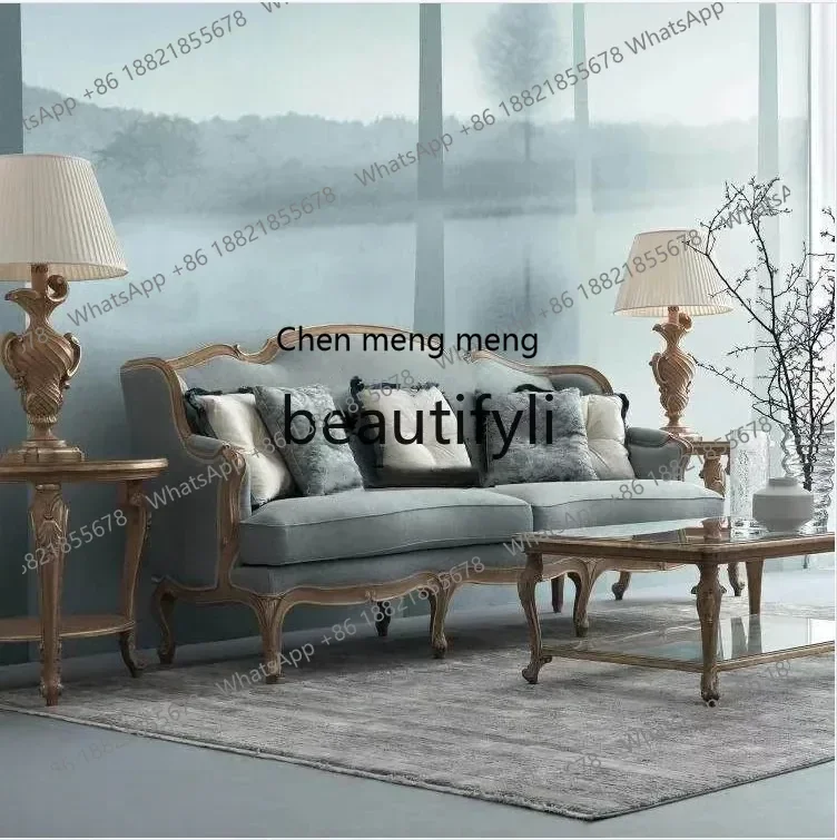 

B178 French retro old solid wood fabric three-person double sofa American simple large apartment living room