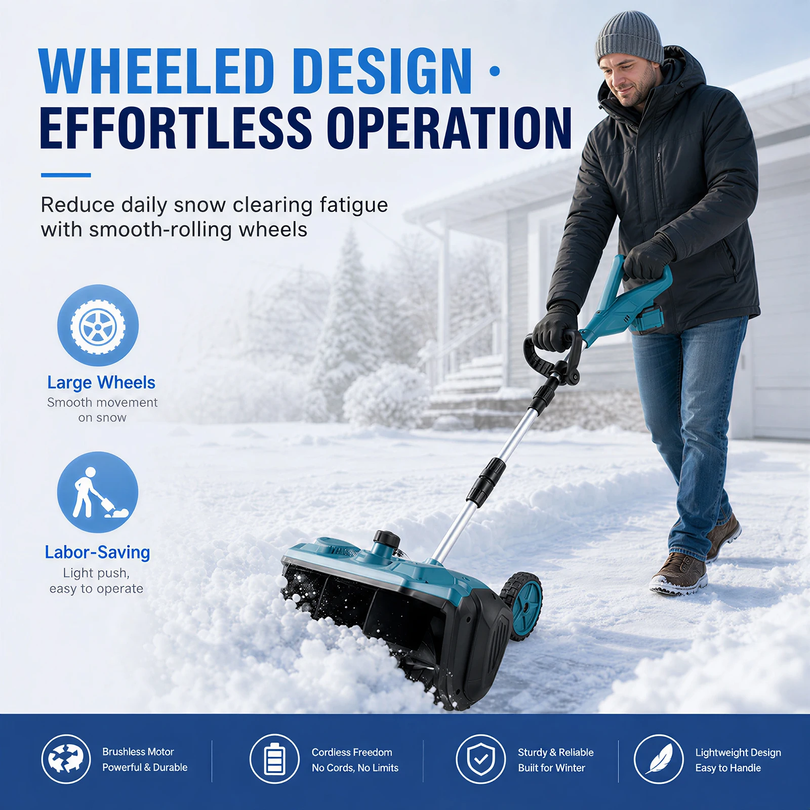 Degreat Akku-Schneeschaufel 18V, bürstenloser Motor, 3500W, elektrischer Schneeräumer, 13 Zoll Räumbreite, 7,8 m Wurfweite, verstellbarer Auswurfkanal, teleskopierbar, faltbar, Rollen für Einfahrt,