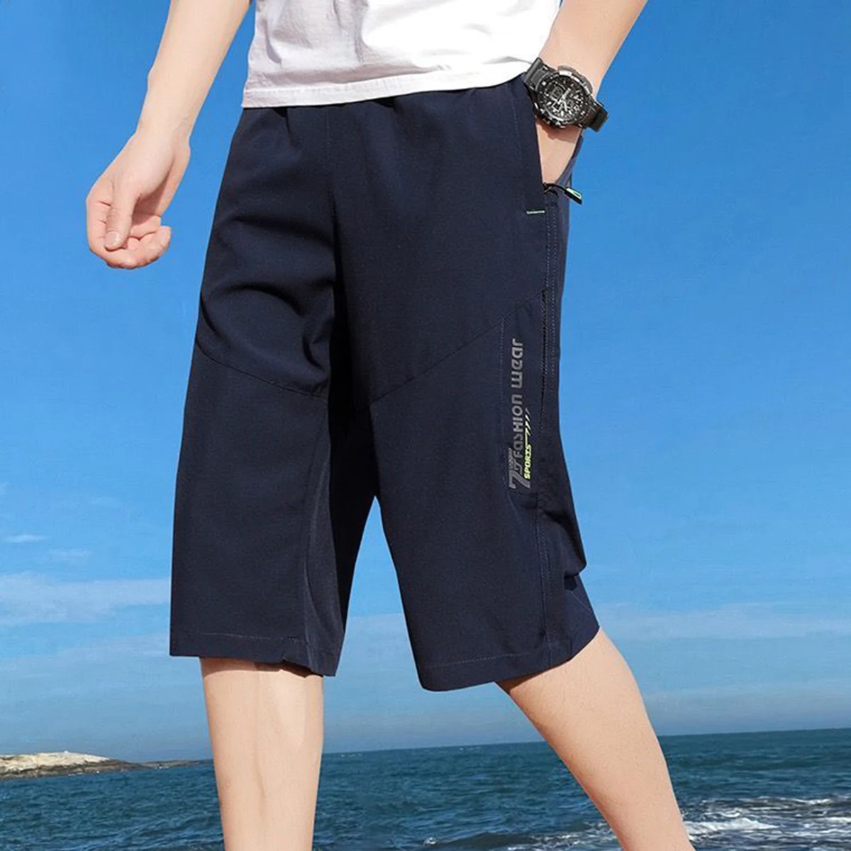 Men\'s Seven-minute Trousers Summer Sports Casual Shorts Pants Thin Section Straight Loose Seaside Beach Holiday