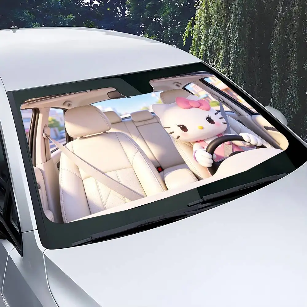 Kawaii K-Kitty Drive Car SunShade Windshield Funny Sun Shade Foldable UV Ray Sun Visor Protector Sunshade For Front Window image 5