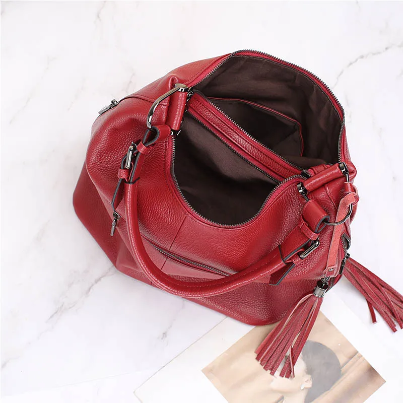 Zency Fashion Tassel Women Shoulder Bag 100% Genuine Leather Daily Shopping Hobos Classic Large Red Tote Handbag Crossbody Bag