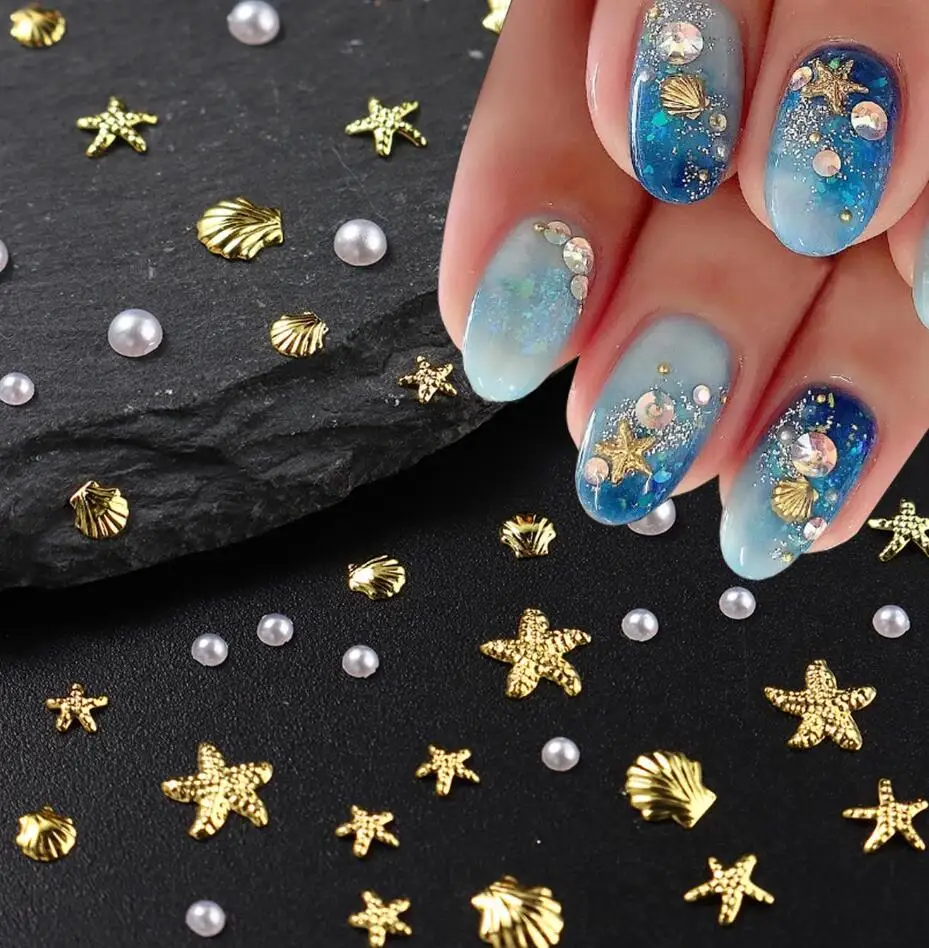 200pcs Ocean-Themed Nail Charms & Gemstones Starfish Seashell Rhinestones with Pearl Designs Nail Art Beach Vacation Nail Access