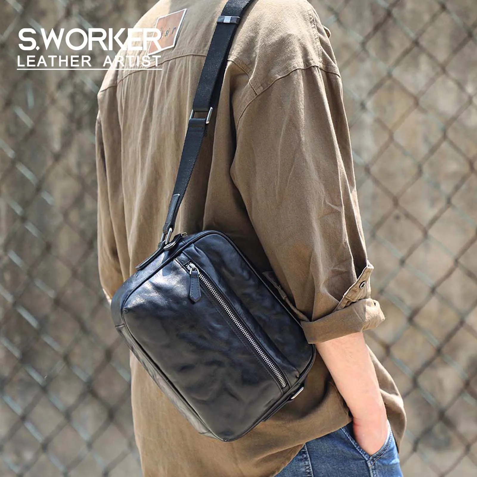Echte Leder-Umhängetasche für Herren, einfache Rindsledertasche, hochwertiges, pflanzlich gegerbtes Leder, modischer Casual-Stil. – Detail 2