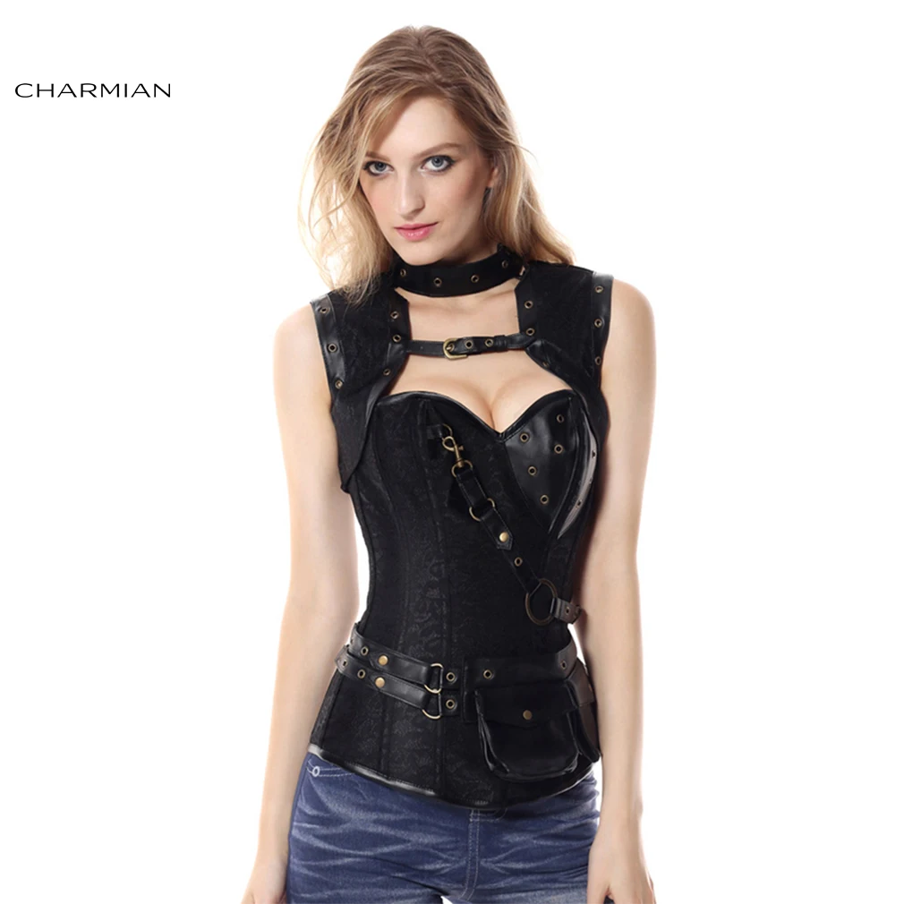 Charmian Steampunk Corset Black Women Retro Steel Boned Plus Size Leather Corset Top with Belt Bustier Halloween Gothic Clothes