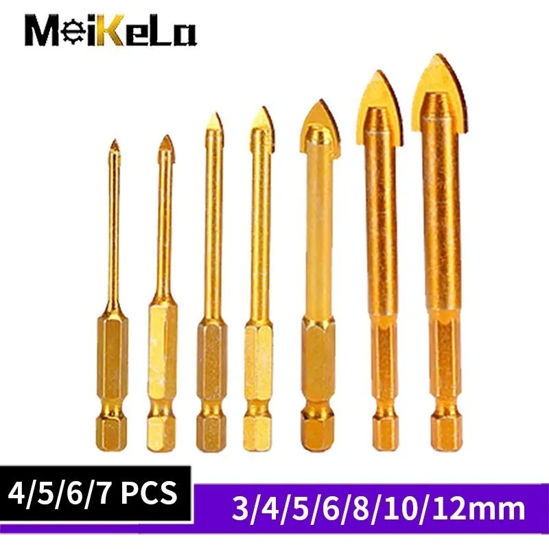 Meikela 4/6/7pcs Alloy Ceramic Gold Spear Drill Bit Head Superhard Power Tool Accessories For Drilling Ceramic Tile Marble Glass