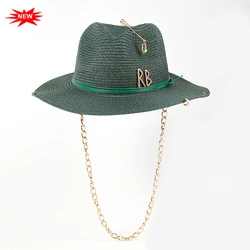 2024 Luxury Design Brand Chain Straw Fedora Hats For Women Wide Brim Beach Hats UV Protection Summer Sun Hats Foldable