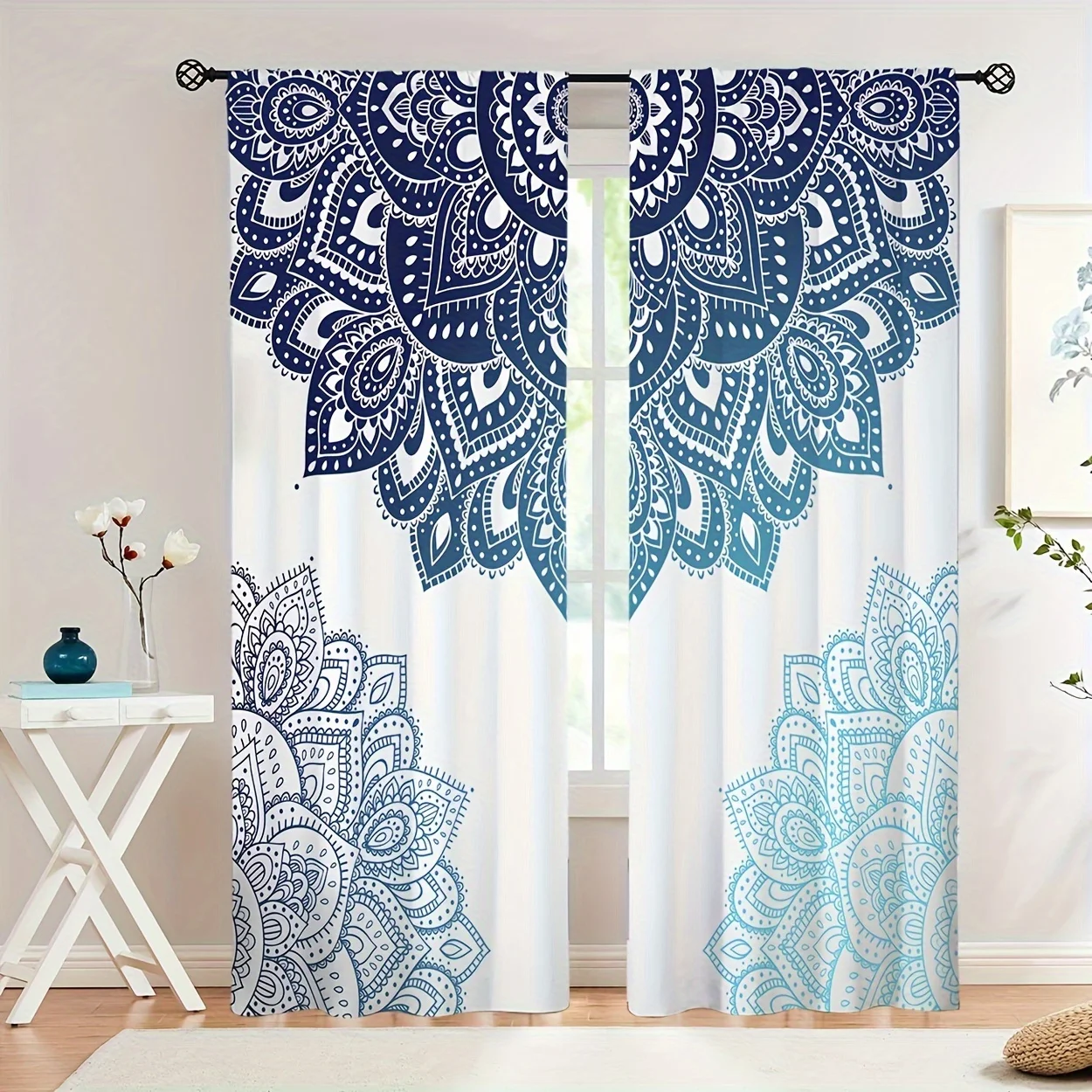 Bohemian Mandala Print Curtains Blue and White Pair Decorative Filtering Window Drapes for Living Room Bedroom Moroccan Boho Sty