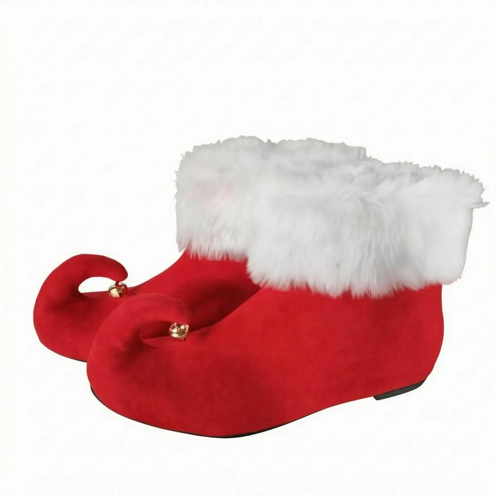 Holiday Costume Shoes for Christmas Party Red Suede Boots with White Shaggy Cuff Curled Toe Golden Bell Charm Pull on