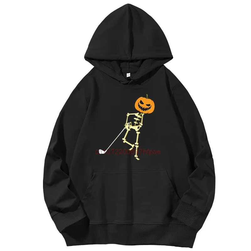 Funny Skeleton Head Pumpkin Playing Golf Humor Printed Sweater Fashion Cotton Spring Autumn Long Sleeves Pullover Hoodies