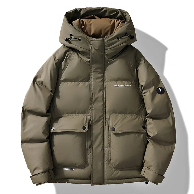 2024 Hooded short down jacket, men's tooling solid color down jacket white duck down warm casual coat