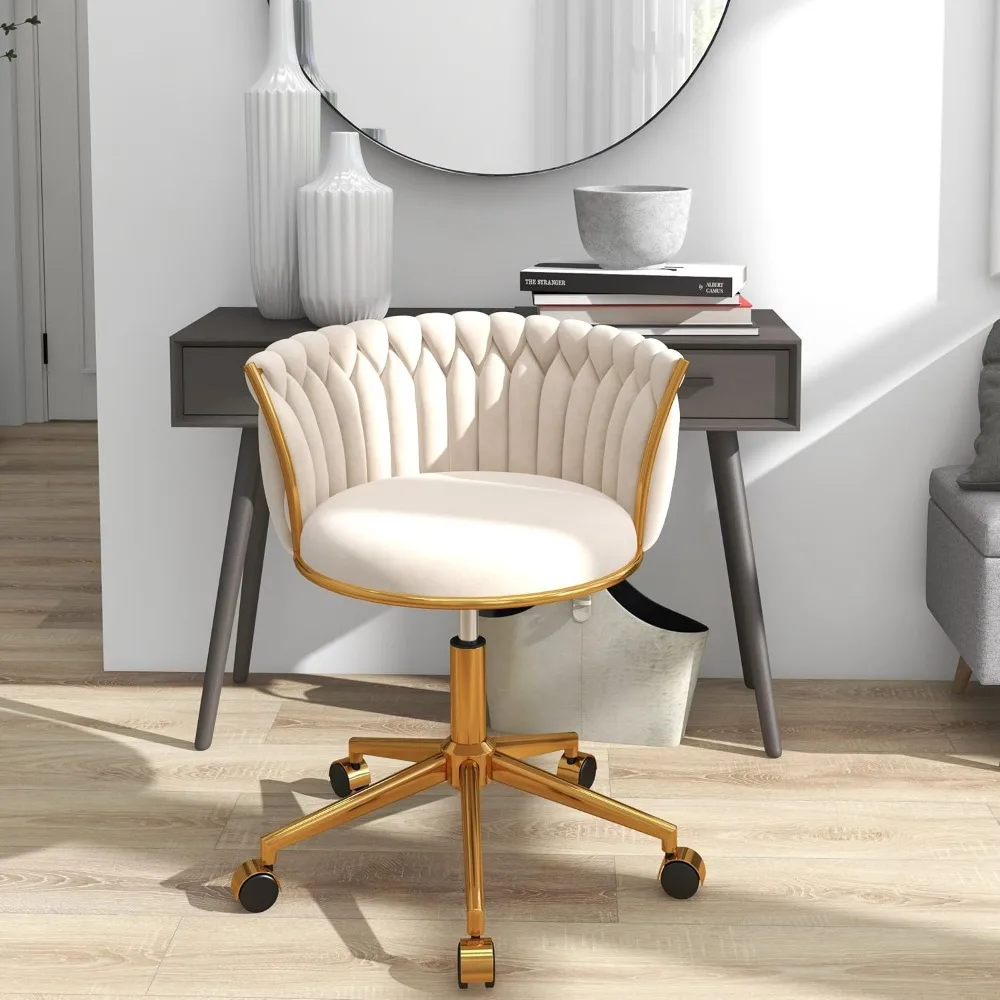 

Velvet Desk Chair,Office Chair with Wheels, Home Swivel Vanity Armchair，Height Adjustable Seat Sturdy Golden Metal Rolling Base