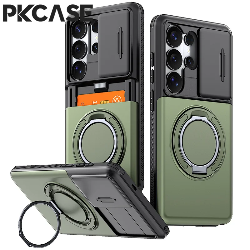 PKCASE Card Slot Slide Window Stand Case For Samsung S26 S25 S24 Plus FE Ultra A18 A08 A57 A37 A27 A17 A07 A56 A36 A26 A16 Cover