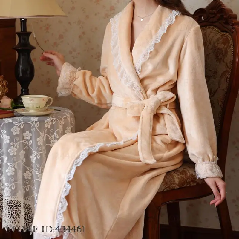 

Winter Thicken Flannel Female Long Robe Sleepwear Sweet French Court Style Bathrobe Kimono Gown Coral Fleece Homewear Loungewear
