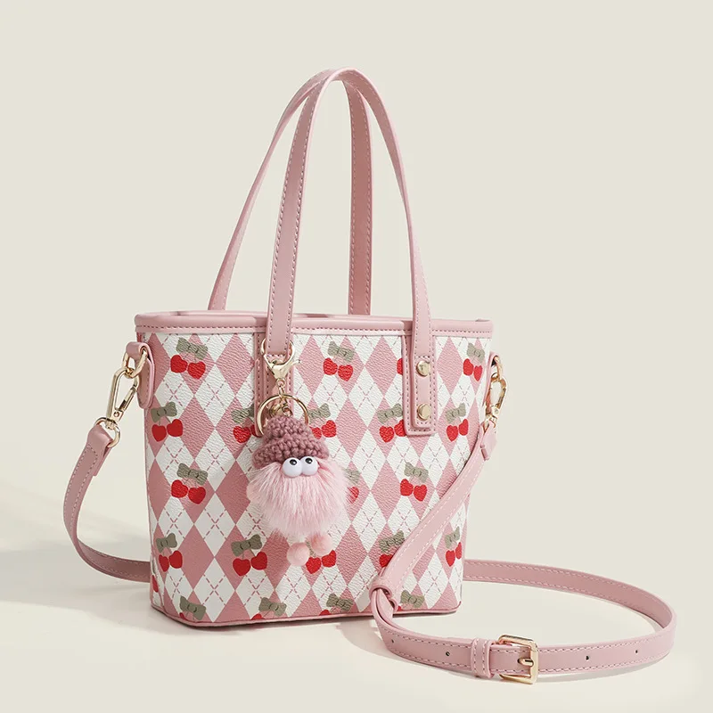 New Trendy Niche Design Cute Pink Cherry Tote Bag，Large Capacity Fashion Portable Shoulder Messenger Bag, Bucket Bag