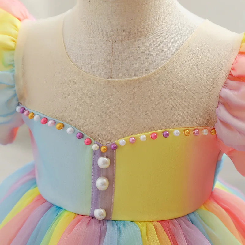 Robe d'anniversaire en tulle nickel é arc-en-ciel multicolore pour tout-petits filles, carnaval blanc, reconstitution historique, soirée, robe de princesse pour 1-10 ans