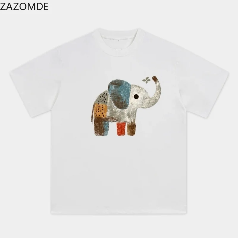 ZAZOMDE Retro Brush Stroke Animal Graphic T Shirt Patchwork Elephant Holding Small Flower Pattern Oversized Couple Fashion Tops
