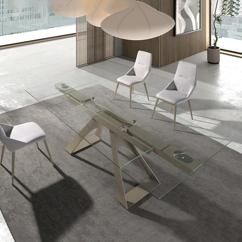 Koto modern Italian design dining room extending table tempered glass dining table metal steel base legs 6 8 10 12 seater