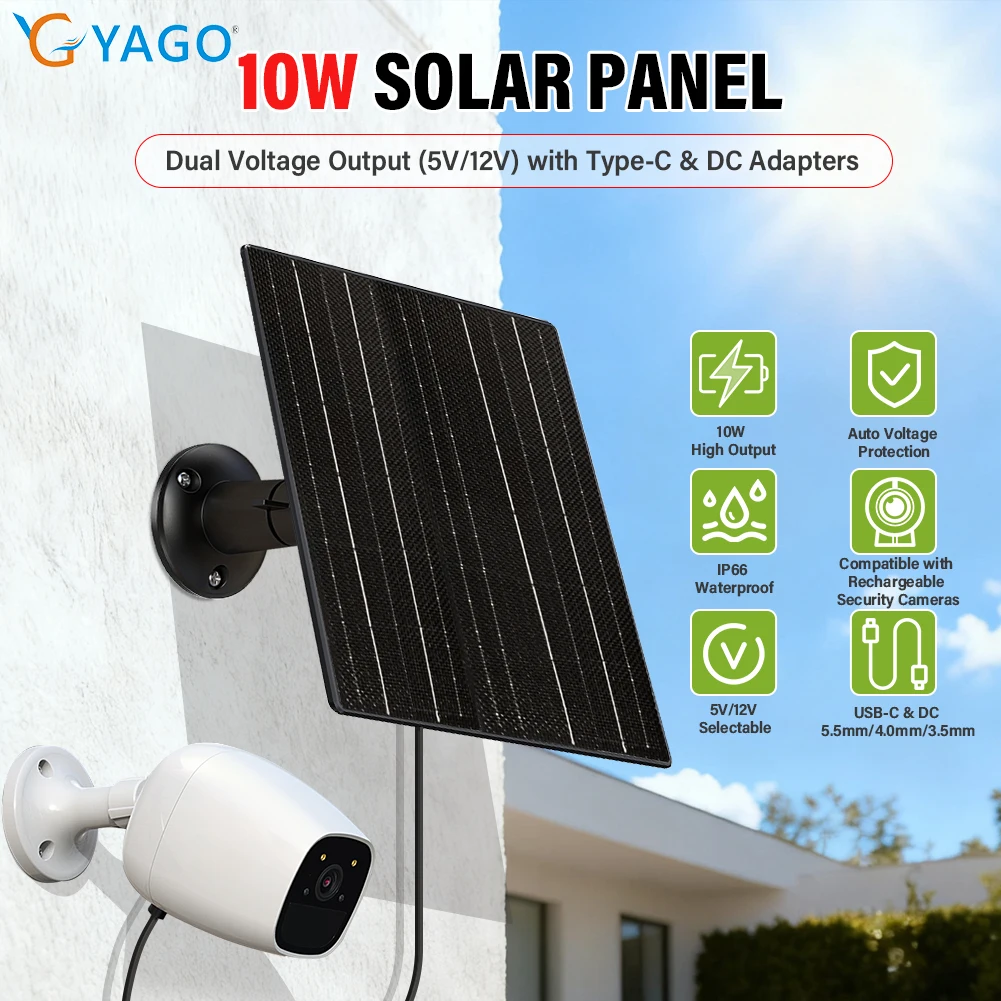 

YAGO 10W Solar Panel for 5V 12V Trail Camera Outdoor Security Camera IP66 Waterproof Solar Charger USB-C DC Ports 360° Bracket
