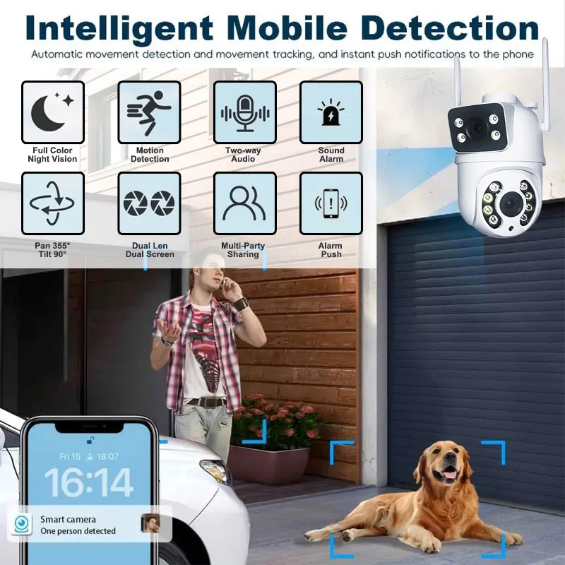 

Уличная беспроводная IP-камера видеонаблюдения 2K 4MP HD с двумя объективами, внешняя Wi-Fi PTZ-камера с автоматическим отслеживанием для уличного наблюдения