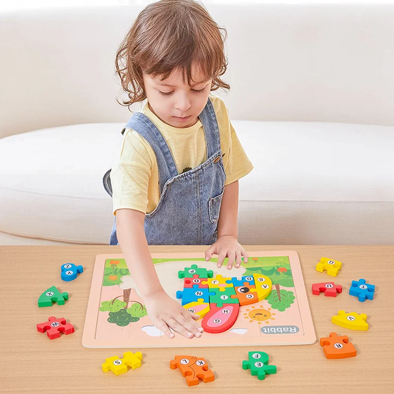 26 PCS Letters Wooden Puzzle Learning Toys for Kids, Three-in-one Gameplay Wooden Puzzle, Educational Gift for Preschool Kids