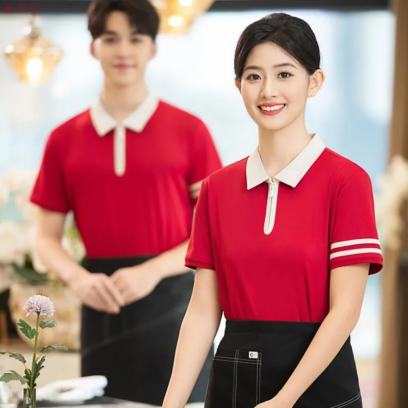 ร้านอาหารตะวันตกย่างสเต็กฤดูร้อนชุดทํางาน Catering Fast Food Restaurant แผงขายอาหารขนาดใหญ่ Waiter แขนสั้น Work Clot
