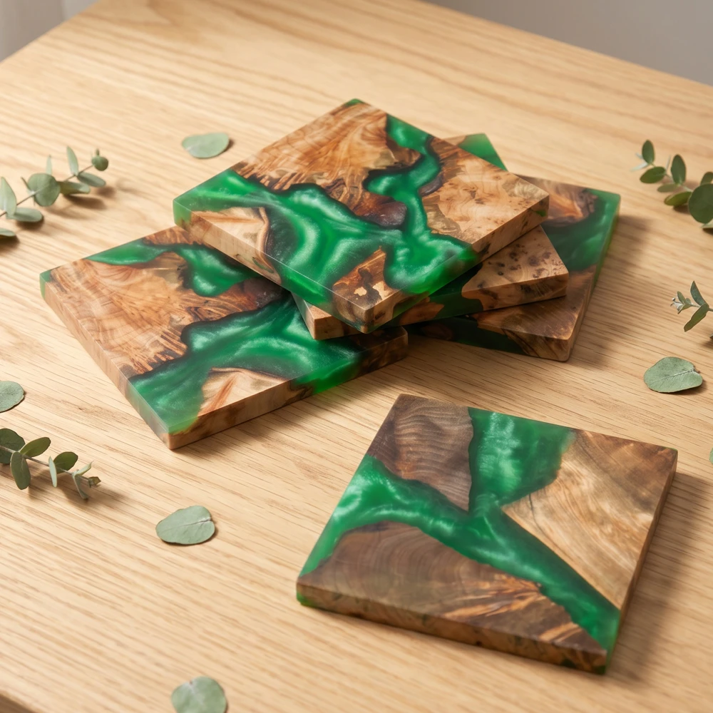 4Pcs Green Resin Pine Wood Insulation Coaster Set Natural Texture Anti-scald Cup Pad Home Kitchen Table Accessories