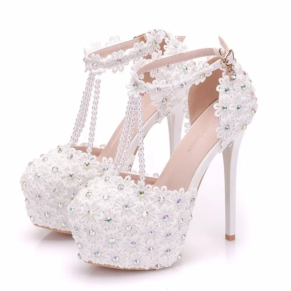 Spring new round toe hollow pearl rhinestone lace waterproof table wedding shoes banquet large size high-heeled women's sandals