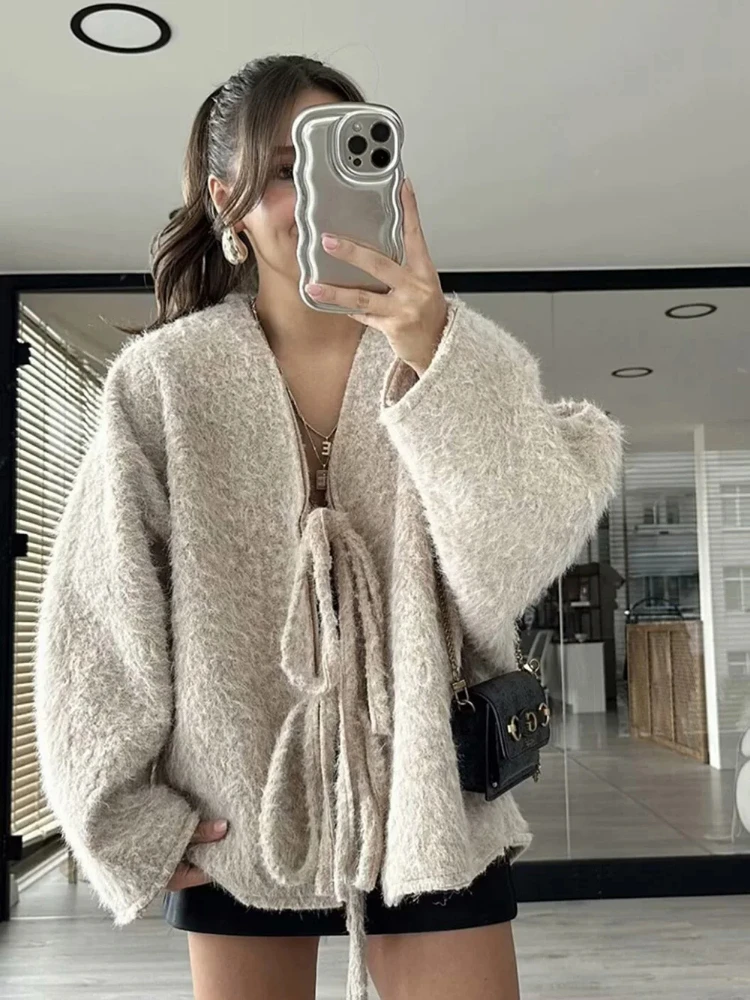 Cardigan ample et chaud vintage pour femme, col en V, manches longues, nœud papillon, couleur unie, tempérament décontracté, patchwork, bureau, banlieue, pull printemps automne, nouveau cardigan chic pour femme