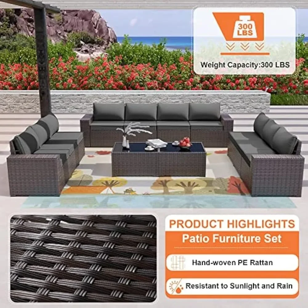 12 Pieces Outdoor Patio Furniture Set Sectional Sofa Sets Patio Conversation Set w/10 Grey Seat Cushions and 2 Coffee Tables