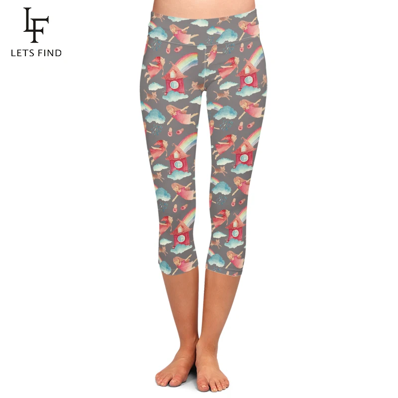 LETSFIND-Leggings con estampado Digital para mujer, de cintura alta pantalones Capri, estilo veraniego, informales, 3/4