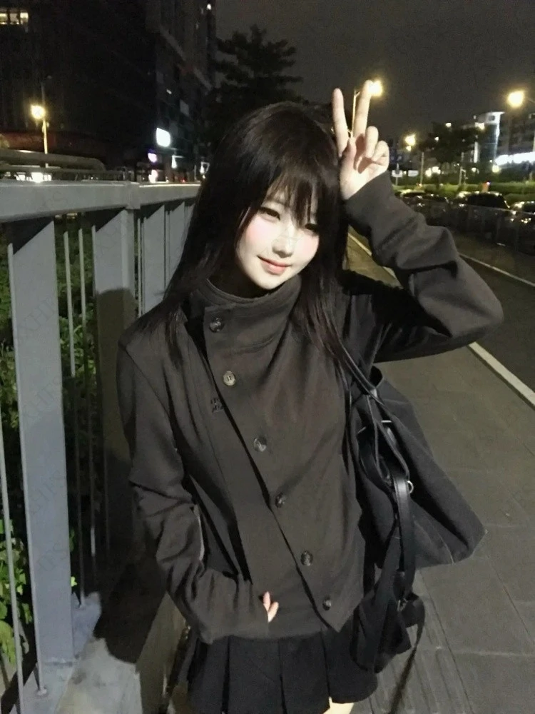 Elegant Grey Slim Woolen Short Jacket Coats Women High Collar Long Sleeve Single Breasted Jackets 2000s Autumn Winter Chic Tops