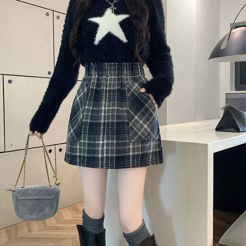 Elastic Waist Vintage Lattice Skirt Women Now Autumn Winter High Waist Preppy Style A-line Skirt Prevent Light Leakage Skirts