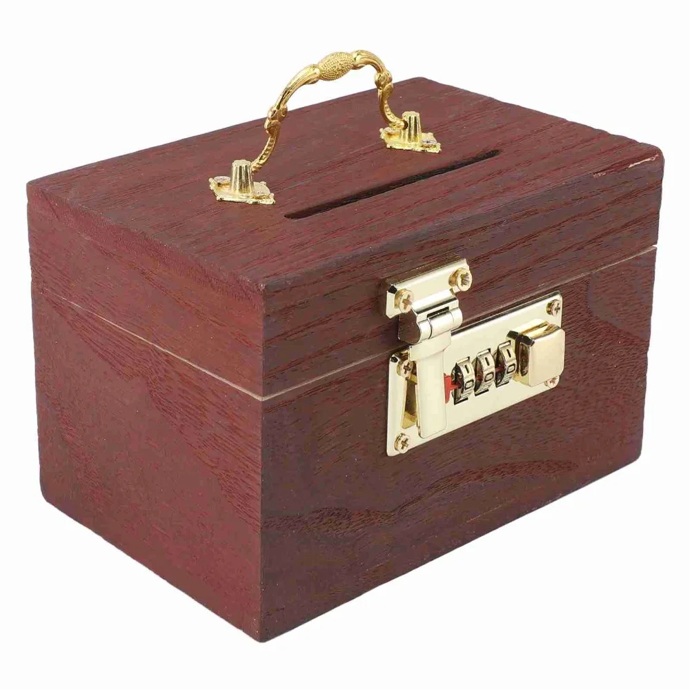 Password Lock Locking Money Storage Box Wooden Material Security Wooden Treasure Chest With Handle Small Size Money Saving Box