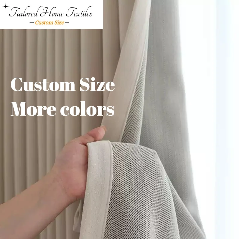 Custom Size AB Surface Herringbone Pattern Thickened Chenille Blackout Solid Color Curtains for Living Dining Room Bedroom Decor