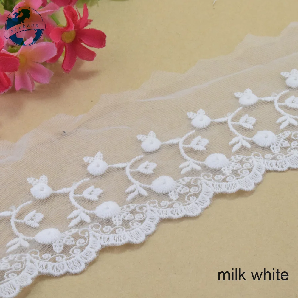 7.5cm Mesh Lace Cotton Embroidery White  French Ribbon Fabric Guipure Diy Trims Warp Knitting Sewing Accessories Doll Dress#4313