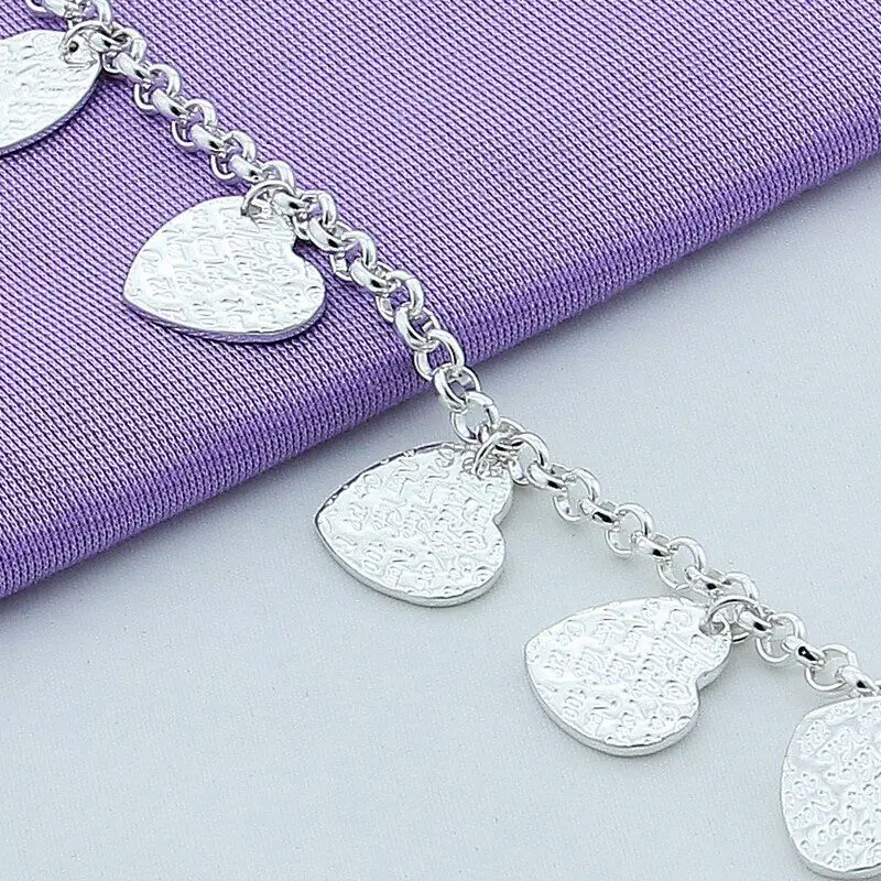 925 Sterling Silver Magic Pattern Heart Brand Link Bracelet Jewelry Five Hanging Pieces
