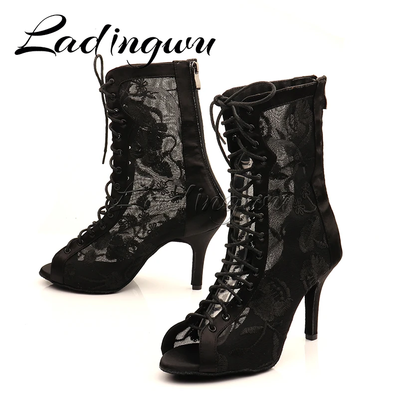 Ladingwu 2022 New latin Dance Boots Women Black Satin and Mesh Salsa Dance Shoes Girls Ballroom Dance Shoes Dance Sandals