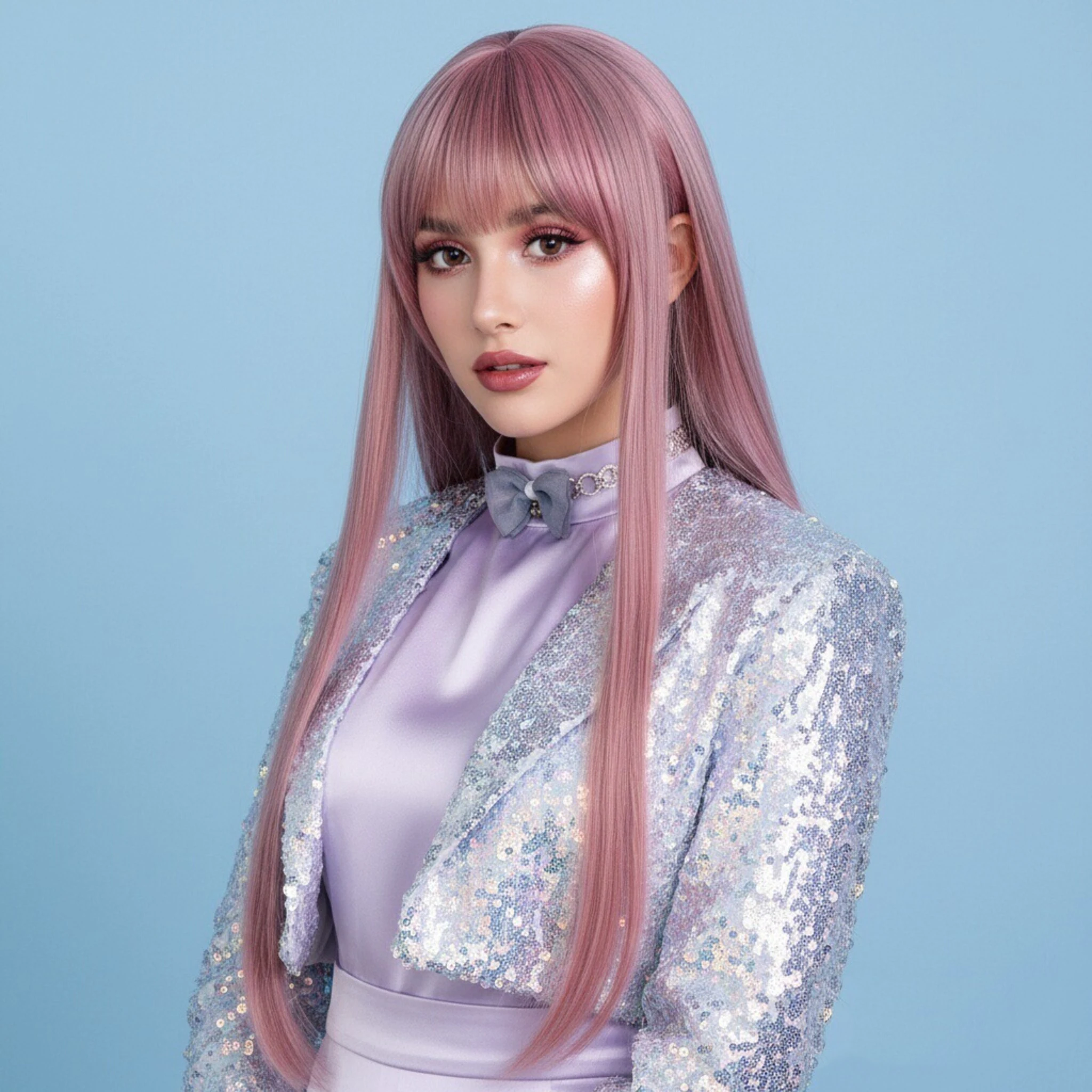 

Синтетический длинный прямой смешанный розовый парик с челкой для женщин, повседневный косплей, вечерние накладные волосы в стиле Лолиты, термостойкие